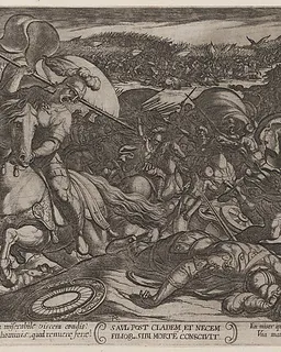 Plate 18: Saul's Suicide after His Defeat by the Philistines, from "The Battles of the Old Testament" by Antonio Tempesta