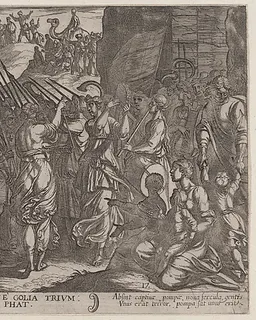 Plate 17: David Returning in Triumph with the Head of Goliath, from "The Battles of the Old Testament" by Antonio Tempesta