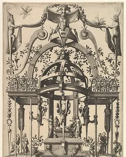 Surface Decoration, Grotesque with Strapwork, Burial Scene in the Tempietto, in the Bas Relief Esther before Ahasuerus from Veelderleij Veranderinghe van grotissen ende Compertimenten...Libro Primo by Cornelis Floris II
