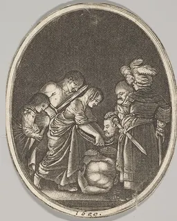 Salome receiving the head of John the Baptist, surrounded by three men and a child bearing a torch, the Baptist's body lies on the ground by Hendrick Goudt