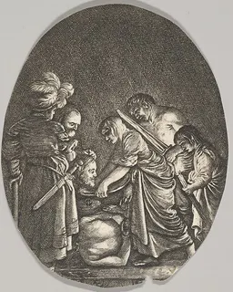 Salome receiving the head of John the Baptist, surrounded by three men and a child bearing a torch, the Baptist's body lies on the ground by Hendrick Goudt