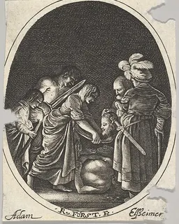 Salome receiving the head of John the Baptist, surrounded by three men and a child bearing a torch, the Baptist's body lies on the ground by Hendrick Goudt
