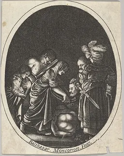 Salome receiving the head of John the Baptist, surrounded by three men and a child bearing a torch, the Baptist's body lies on the ground by Balthazar Moncornet