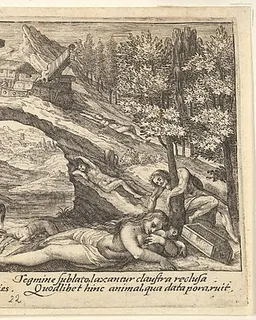 Aftermath of the Flood: human bodies strewn on dry land in the foreground, Noah's ark moored on a rocky outcrop beyond, from "Liber Genesis" by Crispijn de Passe the Elder