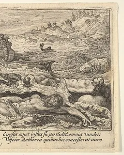 The Flood destroys life on earth: corpses of humans and animals adrift in the foreground, Noah's ark beyond and a flying dove holding a branch above, from "Liber Genesis" by Crispijn de Passe the Elder