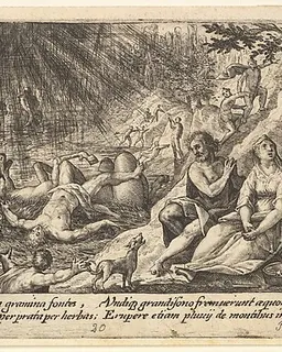 The beginning of the Flood: men and women climb to higher ground at right, water overtaking animals and people at left, Noah's Ark beyond, from "Liber Genesis" by Crispijn de Passe the Elder