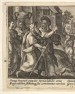 Entry into the ark: Noah and his family walk toward the ark in the background, pairs of animals walk up a ramp leading into the ark, from "Liber Genesis" by Crispijn de Passe the Elder