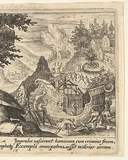 Noah kneeling before God at left, the construction of the ark underway beyond, from "Liber Genesis" by Crispijn de Passe the Elder
