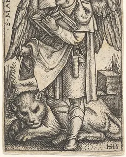 Saint Mark, his head turned in profile to the left, with an open book in his right hand and a lion at his feet, plate 2 from "The Four Evangelists" by Sebald Beham