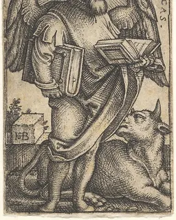 Saint Luke with his head turned in profile to the right, a book in each hand, a bull at his feet, plate 3 from "The Four Evangelists" by Sebald Beham