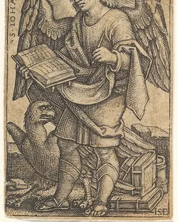 Saint John with his head turned three-quarters to the left, with a book in his right hand and an eagle at his fee, plate 4 from "The Four Evangelists" by Sebald Beham