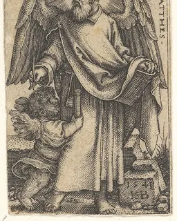 Saint Matthew with his head turned in profile to the left, a cherub at bottom left, plate 1 from "The Four Evangelists" by Sebald Beham