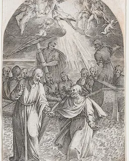 Christ Walking on Water, Holding the Hand of St. Peter (Second Composition), plate 9 from "Les Tableaux de Rome, Les Eglises Jubilaires" (The Paintings of Rome, The Churches Jubilee) by Jacques Callot