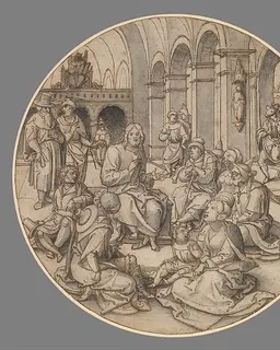 Christ Preaching in the Synagogue, with the Pharisees Bringing the Woman Taken in Adultery by Dirck Vellert