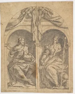 Two Wings of an Altarpiece depicting Saints John the Baptist and Catherine in Niches Surmounted by Angels by Jan van Scorel