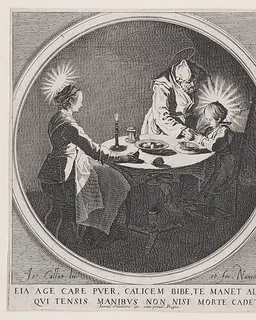 Le Benedicite, estampe appelée aussi La Sainte Famille a Table et St. Joseph Faisant Boire L'Enfant Jésus (The Grace, also called The Holy Family at the Table and St. Joseph Giving the Christ Child a Drink) by Jacques Callot