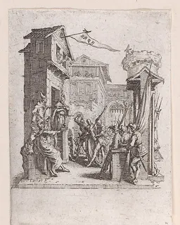 Jésus Comparait Devant Caiphe (Jesus Appears Before Caiaphas), from "La Petite Passion" (The Little Passion) by Jacques Callot