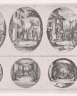 Two Oval Medallions and Two Rondels, from "Variae tum Passionis Christi tum vitae beatae Mariae Virginis; Les Mystères de la Passion suite appelée aussi Mystères de la Vie de Jésus et Mystères de la Vie de Jésus et de la Vie de la Ste. Vierge" (The Mysteries of the Passion, also called the Mysteries of the Life of Jesus, and the Mysteries of the Life of Jesus and of the Virgin) by Jacques Callot