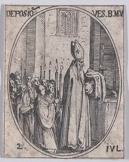 La Déposition des Vêtements de la Sainte Vierge (The Deposition of the Virgin's Clothes), July 2nd, from "Les Images De Tous Les Saincts et Saintes de L'Année" (Images of All of the Saints and Religious Events of the Year) by Jacques Callot