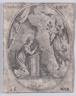 L'Annonciation de la Ste. Vierge (The Annunciation of the Virgin), March 25th, from "Les Images De Tous Les Saincts et Saintes de L'Année" (Images of All of the Saints and Religious Events of the Year) by Jacques Callot