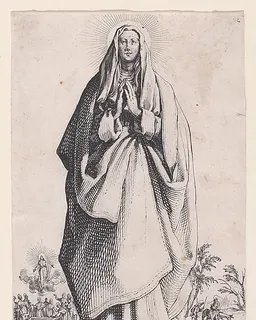 The Virgin Mary, from "Les Grands Apôtres Debout, Représentant Le Sauveur, La Bienheureuse Marie et Les Saints Apôtres" (The Large Standing Apostles, Representing The Savior, The Blessed Mary and The Apostles) by Jacques Callot