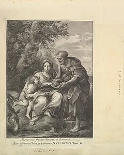 Leaf from Aedes Walpolianae mounted with a print and a drawing: (a): The Virgin and Joseph with the Young Jesus; (b): Acis and Galatea by Johann Jakob Frey the Elder