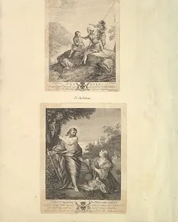 Leaf from Aedes Walpolianae mounted with two prints: (a): Three Soldiers; (b): Christ Appearing to Mary in the Garden by Richard Earlom