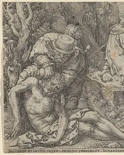 The Good Samaritan Tending the Traveller's Wounds with Oil and Wine or The Priest and the Levite Passing, from "The Parable of the Good Samaritan" by Heinrich Aldegrever