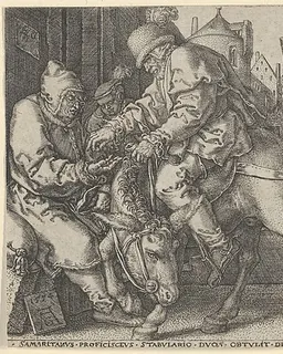 The Good Samaritan Paying the Innkeeper for the Care of the Wounded Man, from "The Parable of the Good Samaritan" by Heinrich Aldegrever