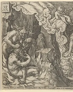 The Rich Man in Hell, Seeing Lazarus Embraced by Abraham, from "The Parable of the Rich Man and Lazarus" by Heinrich Aldegrever