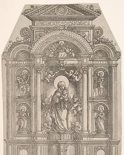 Altarpiece with the Beautiful Virgin of Regensburg and Saints Christopher, Mary Magdalen, Florian and Catherine Standing in Niches, with God the Father Above by Albrecht Altdorfer