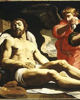 The Dead Christ in the Tomb with Two Angels by Abraham Janssen van Nuyssen