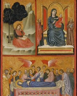Saint John on Patmos, Madonna and Child Enthroned, and Death of the Virgin; The Crucifixion by Pacino di Bonaguida