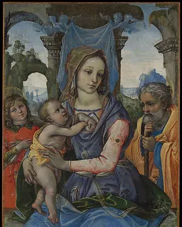 Holy Family with an Angel by Raffaellino del Garbo (also known as Raffaelle de' Capponi and Raffaelle de' Carli)