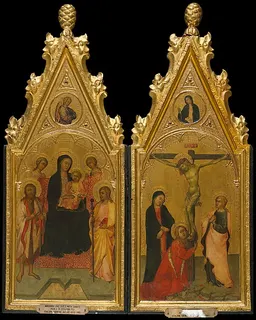 Madonna and Child Enthroned with Two Angels and Saints John the Baptist and James the Great and (above) the Annunciatory Angel (left wing); Crucifixion with the Virgin, Saint Mary Magdalen and Saint John the Evangelist and (above) the Virgin Annunciate (right wing) by Paolo di Giovanni Fei