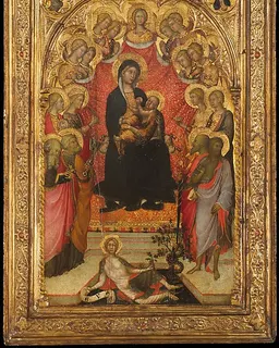 Madonna and Child Enthroned with Saint John the Evangelist, Saint Peter, Saint Agnes, Saint Catherine of Alexandria, Saint Lucy, an Unidentified Female Saint, Saint Paul, and Saint John the Baptist, with Eve and the Serpent; the Annunciation by Paolo di Giovanni Fei