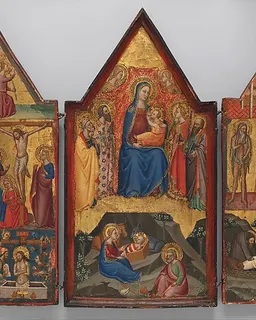 Madonna and Child Enthroned with Saints Peter, Bartholomew, Catherine of Alexandria, and Paul, and (below) the Nativity; left wing (top to bottom): Annunciatory Angel, Crucified Christ with the Virgin, Saints Mary Magdalen and John, and Christ as the Man of Sorrows; right wing (top to bottom): Virgin Annunciate, Saints Onophrius and Paphnutius, and Saint Onophrius Buried by Saint Paphnutius. by Matteo di Pacino