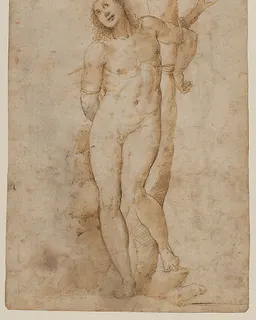 Saint Sebastian (recto); sketches of a male head and a standing figure in a short cape; a copy of the figure on the recto (verso) by Sodoma (Giovanni Antonio Bazzi)