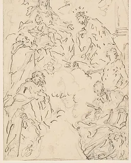The Virgin and Child Enthroned on a Cloud, with Saints Dominic, John Nepomuk, Sebastian, Mark, and Anthony Abbot by Giuseppe Diziani