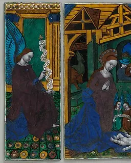 Three plaques from a triptych with the Adoration of the Shepherds, Flanked by the Angel Gabriel and the Virgin Annunciate by Master of the Triptych of Louis XII