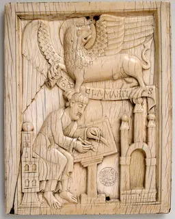 Evangelist Saint Mark writing the Gospel with his symbol, the Lion, holding a scroll by Anonymous