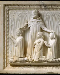 Presentation Scene with Saint Peter Martyr and Three Donors by Giovanni di Balduccio