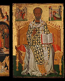 Four Icons from a Pair of Doors (Panels), possibly part of a Polyptych: John the Theologian and Prochoros, the Baptism (Epiphany), Harrowing of Hell (Anastasis), and Saint Nicholas by Anonymous