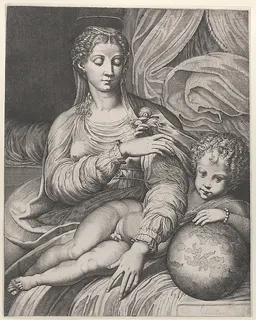 Madonna of the Rose, she reaches for a rose held by the Christ child, who rests his left arm on a globe by Domenico Tibaldi