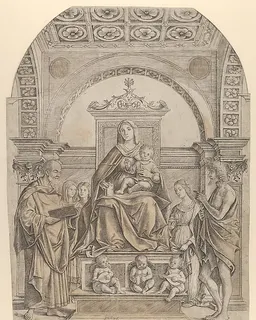 The Virgin and Child enthroned surrounded by saints and angels by Girolamo Mocetto