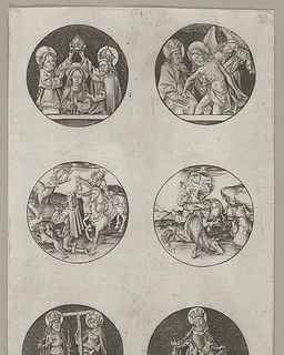 Six Roundel Patterns for a Goldsmith: the Coronation of the Virgin, God the Father with the Body of Christ, St. Eustace or St. Hubert, the Conversion of St. Paul, Charlemagne and St. Helen, and St. Elizabeth by Israhel van Meckenem