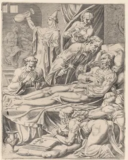 The Rich Man on His Deathbed, plate 2 from "The Parable of Lazarus and the Rich Man" by Dirck Volckertsz Coornhert