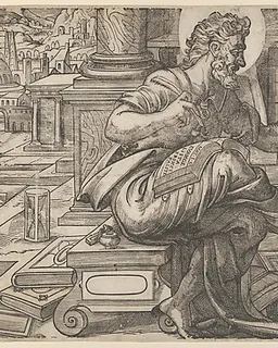 Saint Matthew seated and reading from a book held by a putto, set within a fanciful architectural backdrop, from a series of woodcuts of the Four Evangelists, copy after Rue Montorgueil woodcut by Anthony van Leest