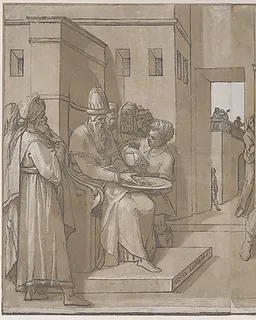Christ is being led away, soldiers stand at the right (right side of sheet) by Andrea Andreani