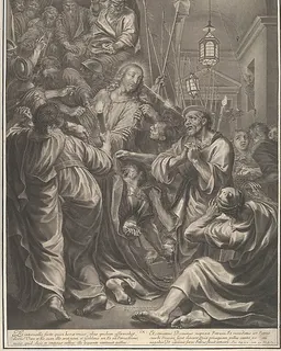 Christ Before Caiaphas looks to St. Peter, who Denies Him, from The Passion of Christ, plate 9 by Grégoire Huret